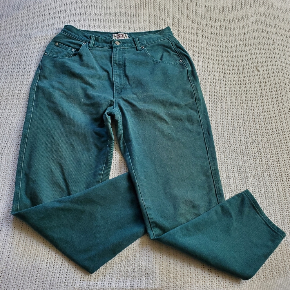 Vtg CACTUS JEANS Women's 14 Distressed Green Denim High Rise Tapered Leg Jeans
